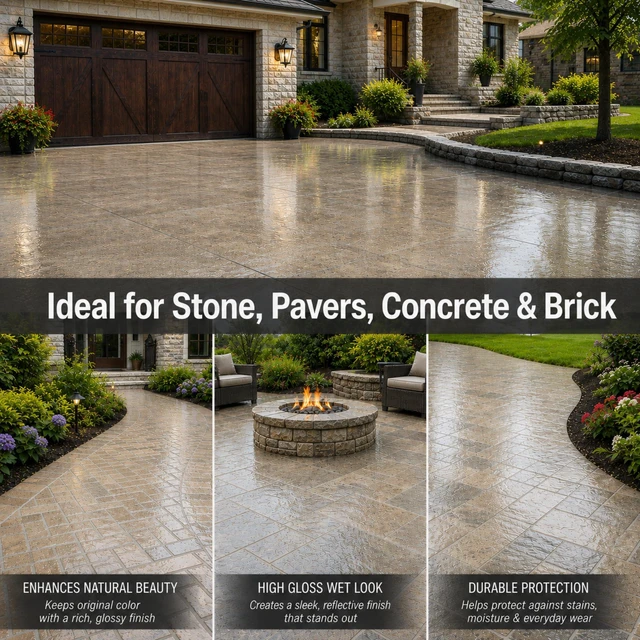 Alt view image 4 of 7 - Wet Look Stone & Concrete Sealer, High Gloss for Pavers & Patios, 1 Gallon Durable Long-Lasting Gloss Protection, Interior and Exterior, Pavers, Slate, Sandstone, Travertine, Flagstone - Spray Paints