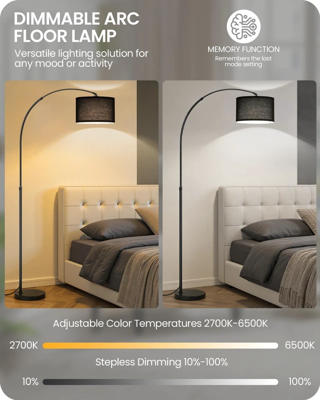 Alt view image 4 of 7 - 75" Dimmable Black Arc Floor Lamp with Marble Base and Adjustable Height Rotating Hanging Shade, Floor Lamp for Living Room with Magnetic Remote & Foot Switch, Adjustable Color Temp., Arched Light