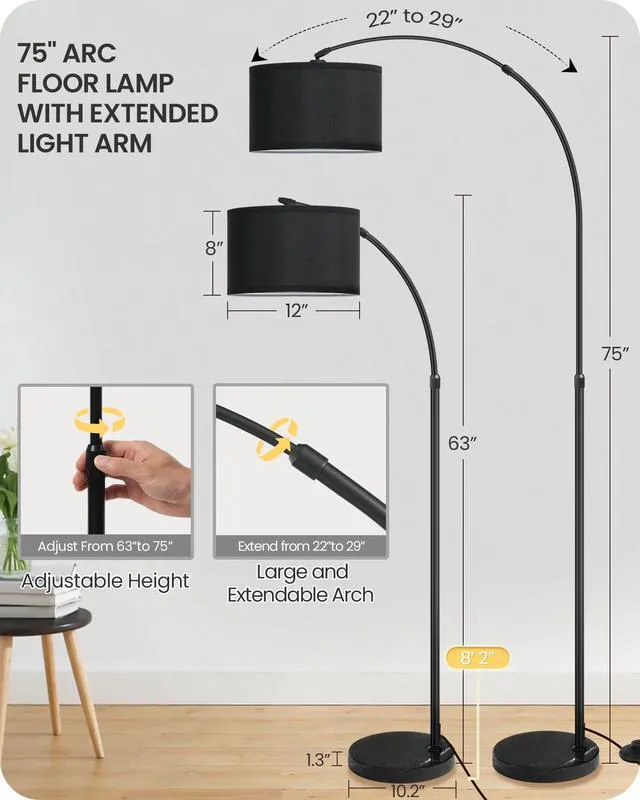 Alt view image 3 of 7 - 75" Dimmable Black Arc Floor Lamp with Marble Base and Adjustable Height Rotating Hanging Shade, Floor Lamp for Living Room with Magnetic Remote & Foot Switch, Adjustable Color Temp., Arched Light
