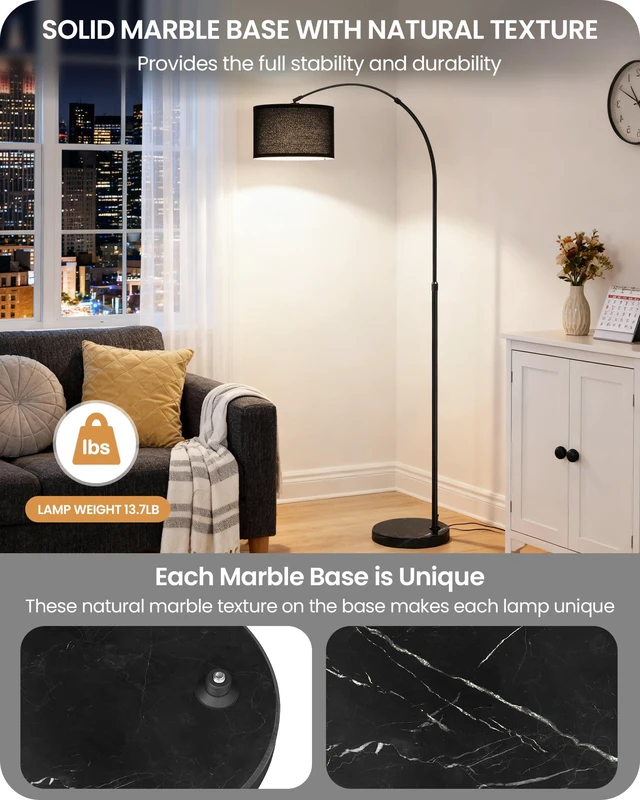 Alt view image 2 of 7 - 75" Dimmable Black Arc Floor Lamp with Marble Base and Adjustable Height Rotating Hanging Shade, Floor Lamp for Living Room with Magnetic Remote & Foot Switch, Adjustable Color Temp., Arched Light