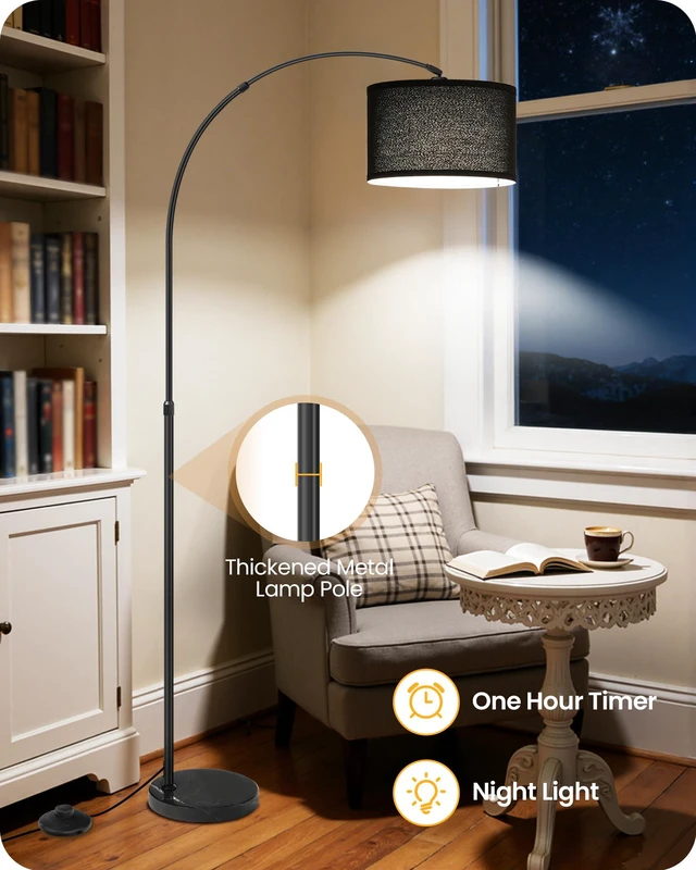Alt view image 7 of 7 - 75" Dimmable Black Arc Floor Lamp with Marble Base and Adjustable Height Rotating Hanging Shade, Floor Lamp for Living Room with Magnetic Remote & Foot Switch, Adjustable Color Temp., Arched Light