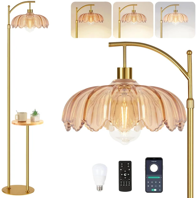 Main image of Gold Floor Lamp with Table and Shelves for Living Room Bedroom,Glass Standing Lamp with Remote Dimmable,Boho Brass Tall Lamp Vintage Farmhouse Arc Flower Floor Light Bohemian