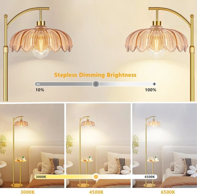 Alt view image 2 of 7 - Gold Floor Lamp with Table and Shelves for Living Room Bedroom,Glass Standing Lamp with Remote Dimmable,Boho Brass Tall Lamp Vintage Farmhouse Arc Flower Floor Light Bohemian