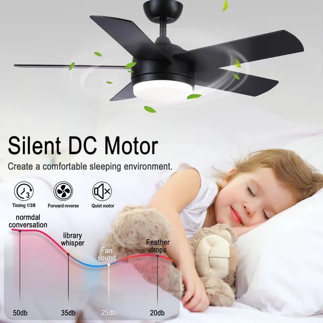 Alt view image 4 of 7 - 44 Inch Black Ceiling Fan with Light and Remote Control.Noiseless,Dimmable,3CCT,6 Speeds Reversible, DC Ceiling Fans for Indoor or Covered Outdoor Use.ETL Listed