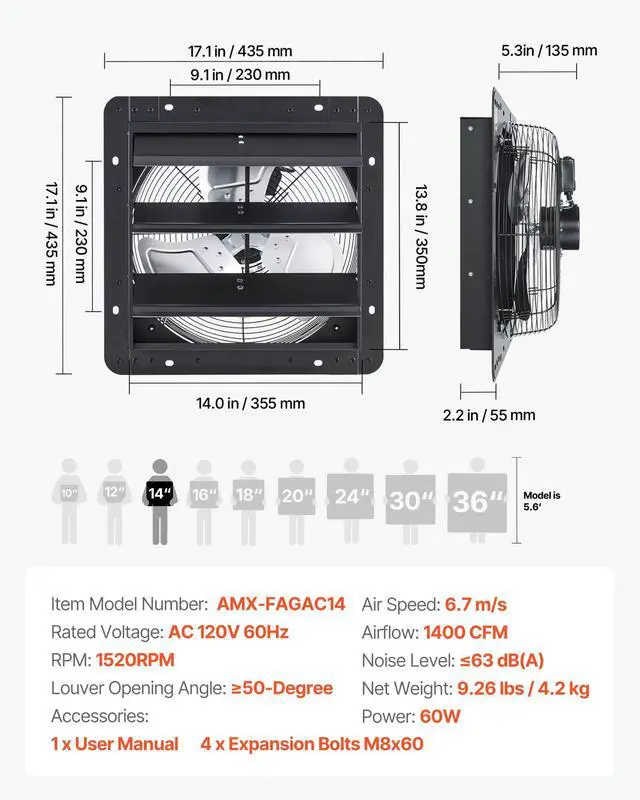 Alt view image 7 of 7 - 14 in Shutter Exhaust Fan Wall-Mount Automatic Louvers Variable Speed, Sturdy Steel Housing, Low Noise, AC Motor, 1802 CFM Ventilation and Cooling for Attic, Garage, Barn, Greenhouse, Workshop