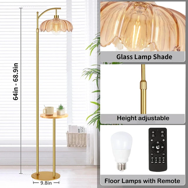 Alt view image 4 of 7 - Gold Floor Lamp with Table and Shelves for Living Room Bedroom,Glass Standing Lamp with Remote Dimmable,Boho Brass Tall Lamp Vintage Farmhouse Arc Flower Floor Light Bohemian