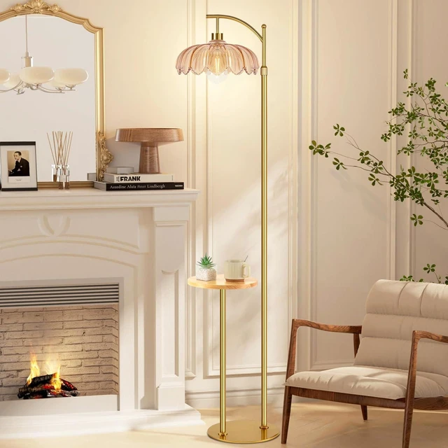Alt view image 5 of 7 - Gold Floor Lamp with Table and Shelves for Living Room Bedroom,Glass Standing Lamp with Remote Dimmable,Boho Brass Tall Lamp Vintage Farmhouse Arc Flower Floor Light Bohemian