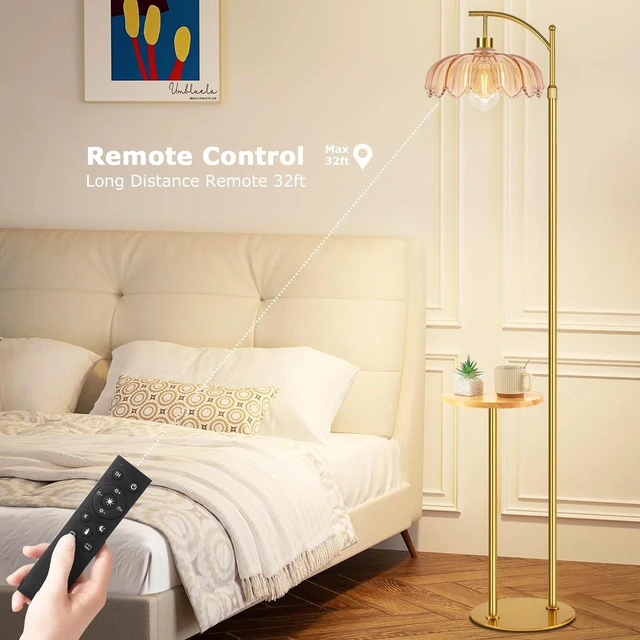 Alt view image 3 of 7 - Gold Floor Lamp with Table and Shelves for Living Room Bedroom,Glass Standing Lamp with Remote Dimmable,Boho Brass Tall Lamp Vintage Farmhouse Arc Flower Floor Light Bohemian