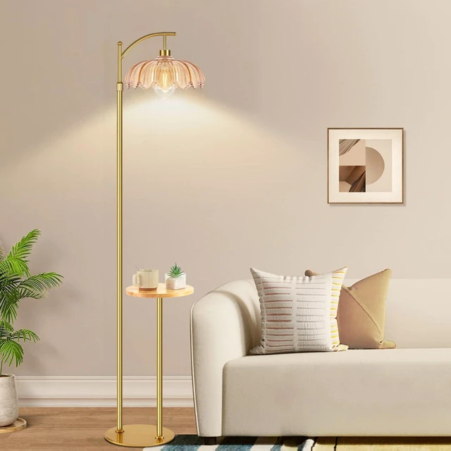 Alt view image 6 of 7 - Gold Floor Lamp with Table and Shelves for Living Room Bedroom,Glass Standing Lamp with Remote Dimmable,Boho Brass Tall Lamp Vintage Farmhouse Arc Flower Floor Light Bohemian