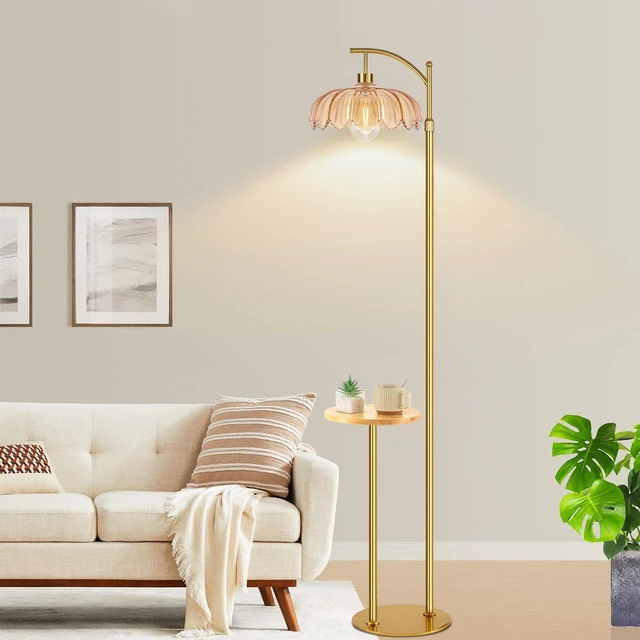 Alt view image 7 of 7 - Gold Floor Lamp with Table and Shelves for Living Room Bedroom,Glass Standing Lamp with Remote Dimmable,Boho Brass Tall Lamp Vintage Farmhouse Arc Flower Floor Light Bohemian