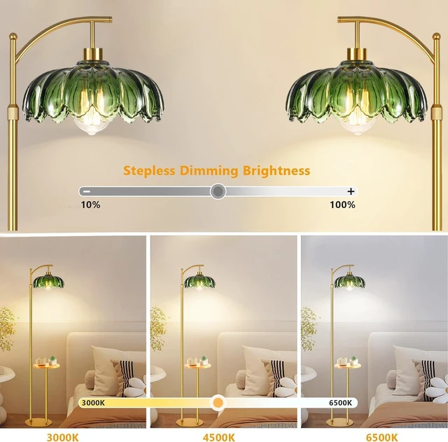 Alt view image 2 of 7 - Glass Floor Lamp with Table and Shelves for Living Room Bedroom,Gold Standing Lamp with Remote Dimmable,Boho Brass Tall Lamp Vintage Farmhouse Arc Green Flower Floor Light Bohemian