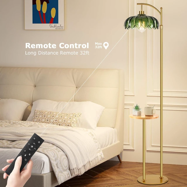 Alt view image 3 of 7 - Glass Floor Lamp with Table and Shelves for Living Room Bedroom,Gold Standing Lamp with Remote Dimmable,Boho Brass Tall Lamp Vintage Farmhouse Arc Green Flower Floor Light Bohemian