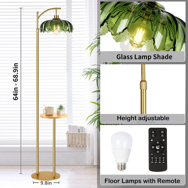 Alt view image 4 of 7 - Glass Floor Lamp with Table and Shelves for Living Room Bedroom,Gold Standing Lamp with Remote Dimmable,Boho Brass Tall Lamp Vintage Farmhouse Arc Green Flower Floor Light Bohemian