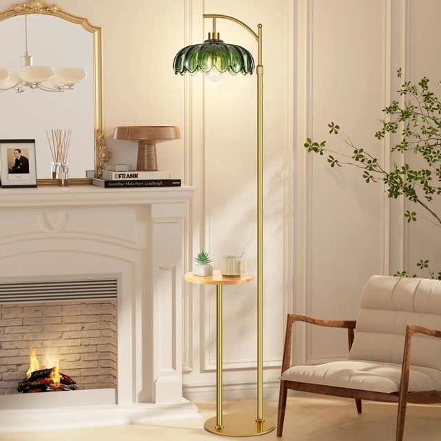 Alt view image 5 of 7 - Glass Floor Lamp with Table and Shelves for Living Room Bedroom,Gold Standing Lamp with Remote Dimmable,Boho Brass Tall Lamp Vintage Farmhouse Arc Green Flower Floor Light Bohemian