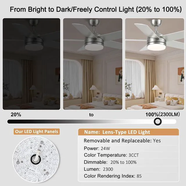 Alt view image 5 of 7 - 44 Inch Brushed Nickel Ceiling Fan with Light and Remote Control.Noiseless,Dimmable,3CCT,6 Speeds Reversible, DC Ceiling Fans for Indoor or Covered Outdoor Use.ETL Listed
