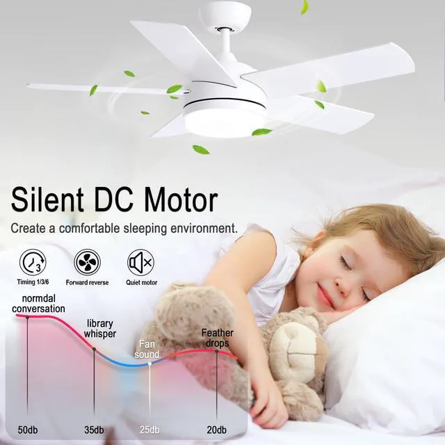 Alt view image 4 of 7 - 44 Inch White Ceiling Fan with Light and Remote Control.Noiseless,Dimmable,3CCT,6 Speeds Reversible, DC Ceiling Fans for Indoor or Covered Outdoor Use.ETL Listed