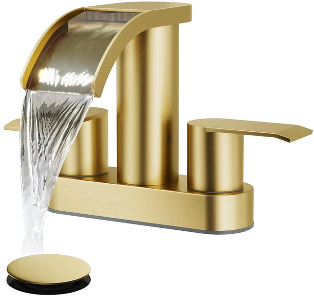 Main image of 4 Centerset Bathroom Sink Faucet Waterfall Brushed Gold SUS304 Bathroom Faucet,2.17 Wide Spout,24 cUPC Water Line,Pop up Drain,2 Handle,Basin,Vanity,RV,Lavatory 2 or 3 Hole Sink