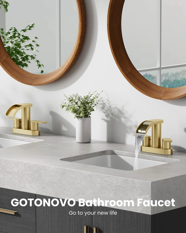 Alt view image 2 of 7 - 4 Centerset Bathroom Sink Faucet Waterfall Brushed Gold SUS304 Bathroom Faucet,2.17 Wide Spout,24 cUPC Water Line,Pop up Drain,2 Handle,Basin,Vanity,RV,Lavatory 2 or 3 Hole Sink