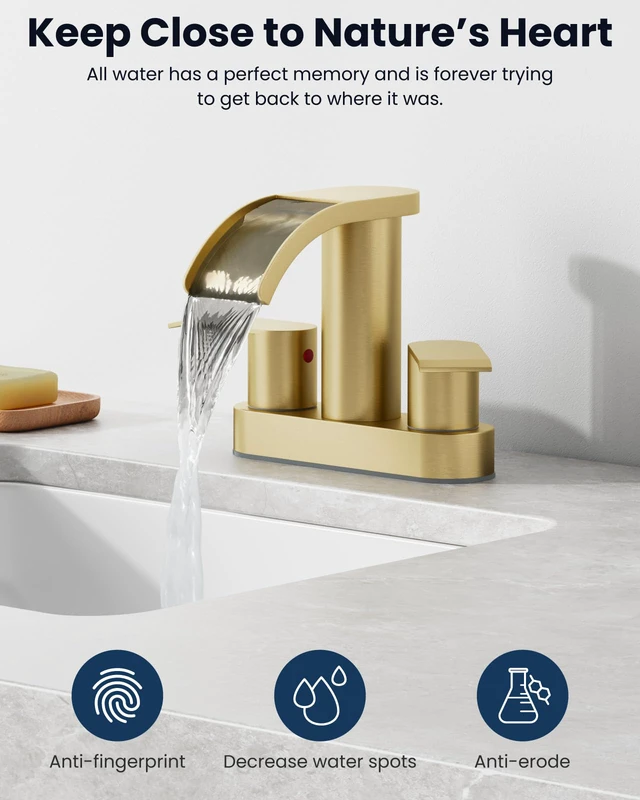 Alt view image 3 of 7 - 4 Centerset Bathroom Sink Faucet Waterfall Brushed Gold SUS304 Bathroom Faucet,2.17 Wide Spout,24 cUPC Water Line,Pop up Drain,2 Handle,Basin,Vanity,RV,Lavatory 2 or 3 Hole Sink