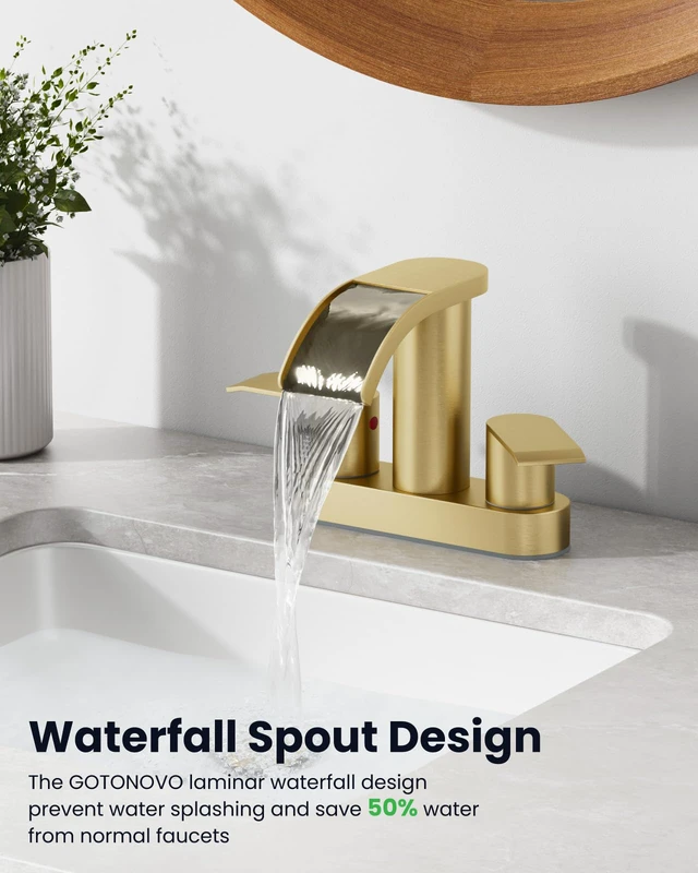 Alt view image 4 of 7 - 4 Centerset Bathroom Sink Faucet Waterfall Brushed Gold SUS304 Bathroom Faucet,2.17 Wide Spout,24 cUPC Water Line,Pop up Drain,2 Handle,Basin,Vanity,RV,Lavatory 2 or 3 Hole Sink