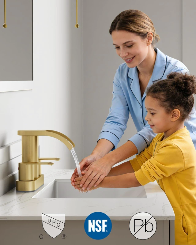 Alt view image 6 of 7 - 4 Centerset Bathroom Sink Faucet Waterfall Brushed Gold SUS304 Bathroom Faucet,2.17 Wide Spout,24 cUPC Water Line,Pop up Drain,2 Handle,Basin,Vanity,RV,Lavatory 2 or 3 Hole Sink