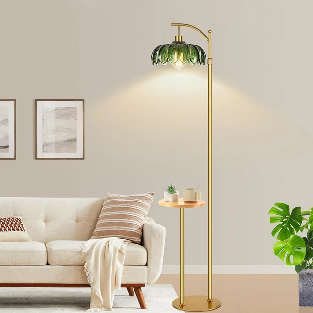 Alt view image 7 of 7 - Glass Floor Lamp with Table and Shelves for Living Room Bedroom,Gold Standing Lamp with Remote Dimmable,Boho Brass Tall Lamp Vintage Farmhouse Arc Green Flower Floor Light Bohemian