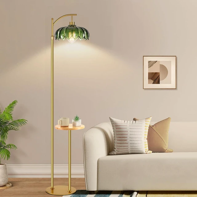 Alt view image 6 of 7 - Glass Floor Lamp with Table and Shelves for Living Room Bedroom,Gold Standing Lamp with Remote Dimmable,Boho Brass Tall Lamp Vintage Farmhouse Arc Green Flower Floor Light Bohemian