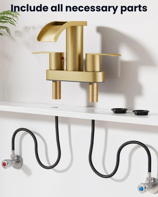 Alt view image 7 of 7 - 4 Centerset Bathroom Sink Faucet Waterfall Brushed Gold SUS304 Bathroom Faucet,2.17 Wide Spout,24 cUPC Water Line,Pop up Drain,2 Handle,Basin,Vanity,RV,Lavatory 2 or 3 Hole Sink