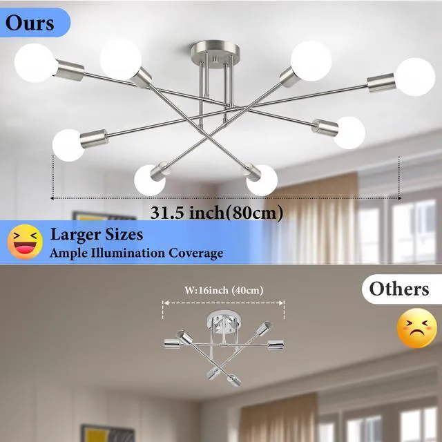 Alt view image 3 of 7 - Modern Sputnik Chandelier 8-Light Industrial Ceiling Lights Fixture 32" Brushed Nickel Semi Flush Mount Ceiling Light with E26 Base Sputnik Light Fixture for Dining Room Bedroom Hallway Living Room