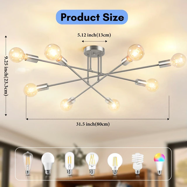 Alt view image 6 of 7 - Modern Sputnik Chandelier 8-Light Industrial Ceiling Lights Fixture 32" Brushed Nickel Semi Flush Mount Ceiling Light with E26 Base Sputnik Light Fixture for Dining Room Bedroom Hallway Living Room