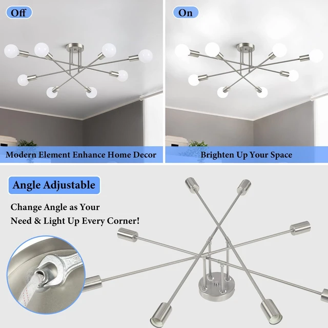 Alt view image 7 of 7 - Modern Sputnik Chandelier 8-Light Industrial Ceiling Lights Fixture 32" Brushed Nickel Semi Flush Mount Ceiling Light with E26 Base Sputnik Light Fixture for Dining Room Bedroom Hallway Living Room