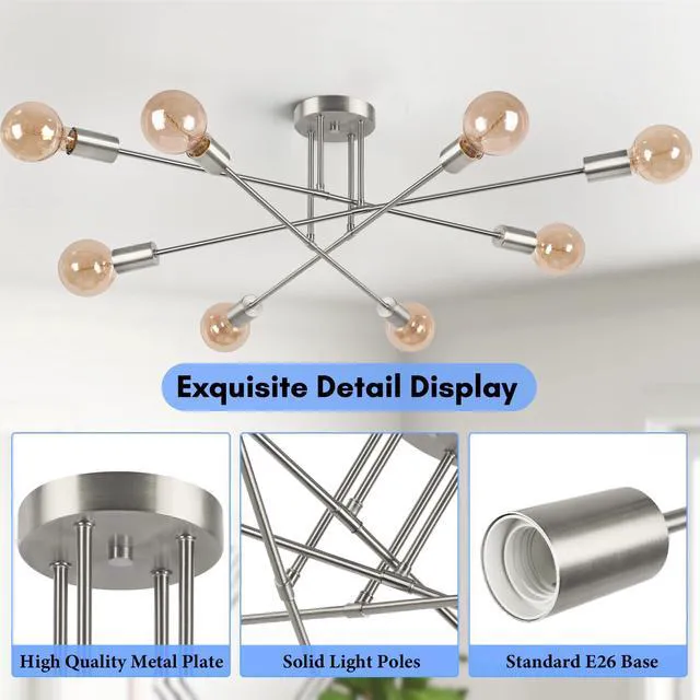 Alt view image 5 of 7 - Modern Sputnik Chandelier 8-Light Industrial Ceiling Lights Fixture 32" Brushed Nickel Semi Flush Mount Ceiling Light with E26 Base Sputnik Light Fixture for Dining Room Bedroom Hallway Living Room