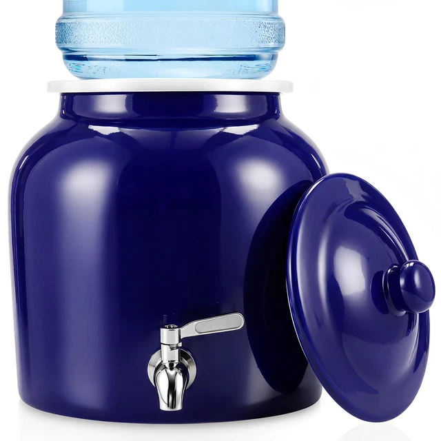 Main image of Ceramic Crock Water Dispenser, Regular Style, Dark Blue, 1 Set Fits 3 to 5 Gallon Jug, Metal Spigot Tap, Decorative Design, Ideal for Home Kitchen Office Party Beverage Serving Station