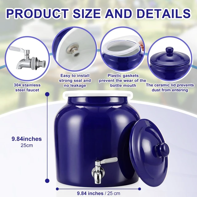 Alt view image 2 of 6 - Ceramic Crock Water Dispenser, Regular Style, Dark Blue, 1 Set Fits 3 to 5 Gallon Jug, Metal Spigot Tap, Decorative Design, Ideal for Home Kitchen Office Party Beverage Serving Station
