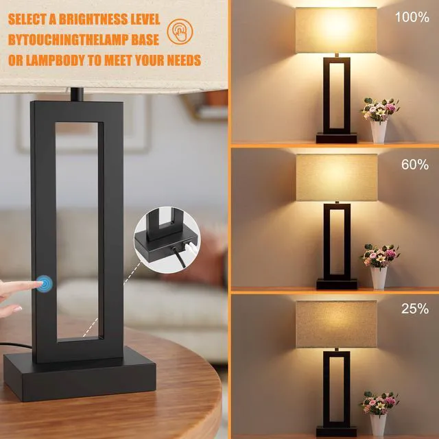 Alt view image 3 of 7 - 22" Tall Living Room Lamps for Night Stands - Touch Bedside Lamp with USB C+A, 3 Way Dimmable Bedroom Lamps for End Tables Set of 2, Modern Night Stand Lamps for Bed Side(Beige&Black)