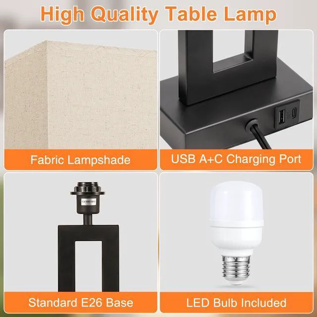 Alt view image 5 of 7 - 22" Tall Living Room Lamps for Night Stands - Touch Bedside Lamp with USB C+A, 3 Way Dimmable Bedroom Lamps for End Tables Set of 2, Modern Night Stand Lamps for Bed Side(Beige&Black)