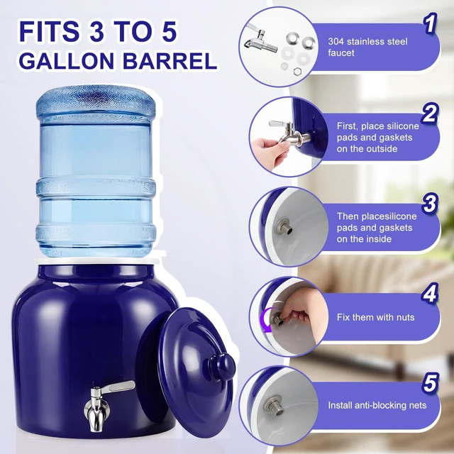 Alt view image 3 of 6 - Ceramic Crock Water Dispenser, Regular Style, Dark Blue, 1 Set Fits 3 to 5 Gallon Jug, Metal Spigot Tap, Decorative Design, Ideal for Home Kitchen Office Party Beverage Serving Station