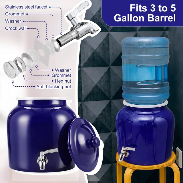 Alt view image 4 of 6 - Ceramic Crock Water Dispenser, Regular Style, Dark Blue, 1 Set Fits 3 to 5 Gallon Jug, Metal Spigot Tap, Decorative Design, Ideal for Home Kitchen Office Party Beverage Serving Station
