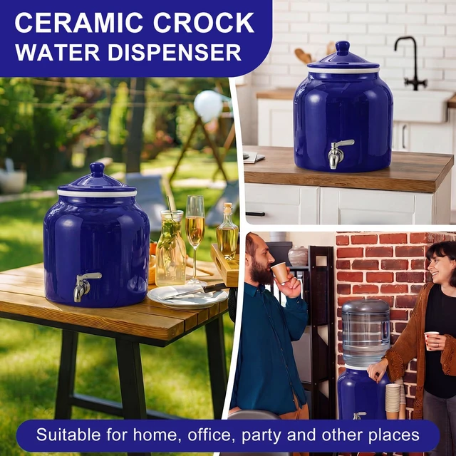 Alt view image 5 of 6 - Ceramic Crock Water Dispenser, Regular Style, Dark Blue, 1 Set Fits 3 to 5 Gallon Jug, Metal Spigot Tap, Decorative Design, Ideal for Home Kitchen Office Party Beverage Serving Station