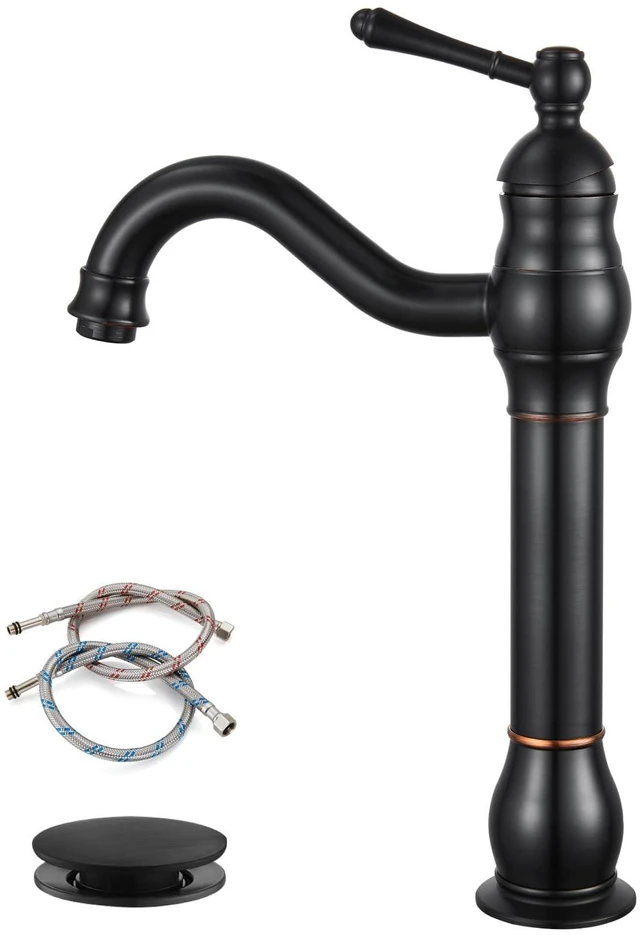 Main image of Vintage Bathroom Vessel Sink Faucet, Oil Rubbed Bronze, with Drain Tall Bathroom Faucet 1 Hole Single Handle, 360° Swivel Spout, cUPC Water Lines, Lead-Free, for Farmhouse Vanity Washbasin RV