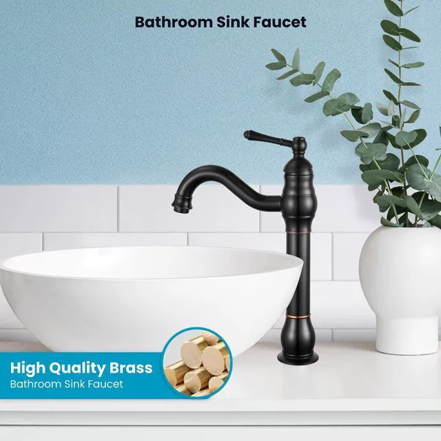 Alt view image 2 of 7 - Vintage Bathroom Vessel Sink Faucet, Oil Rubbed Bronze, with Drain Tall Bathroom Faucet 1 Hole Single Handle, 360° Swivel Spout, cUPC Water Lines, Lead-Free, for Farmhouse Vanity Washbasin RV
