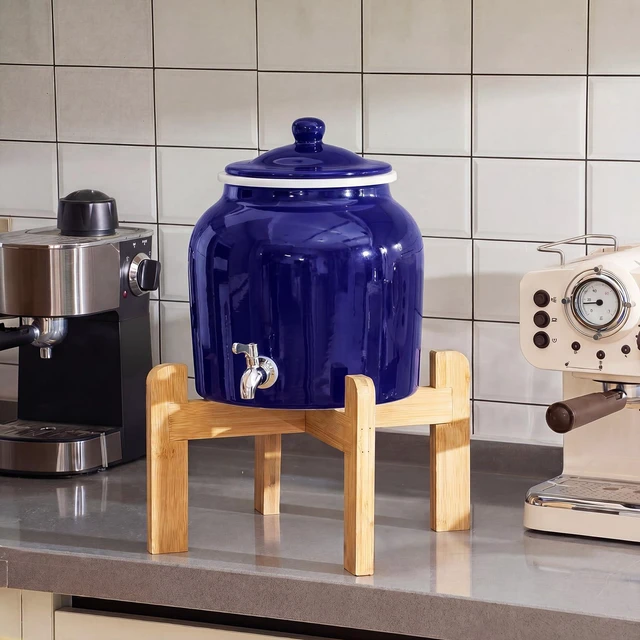 Alt view image 6 of 6 - Ceramic Crock Water Dispenser, Regular Style, Dark Blue, 1 Set Fits 3 to 5 Gallon Jug, Metal Spigot Tap, Decorative Design, Ideal for Home Kitchen Office Party Beverage Serving Station