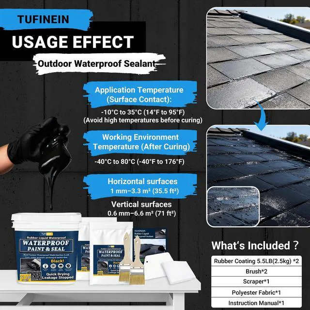 Alt view image 6 of 7 - Rubber Liquid Waterproof Sealant, 11 LB/5 KG Black Quick Drying Multi Surface Foundation Leak Repair - Roof Gutters Basement Sealer Waterproof - Indoor & Outdoor Flexible Rubber Paint