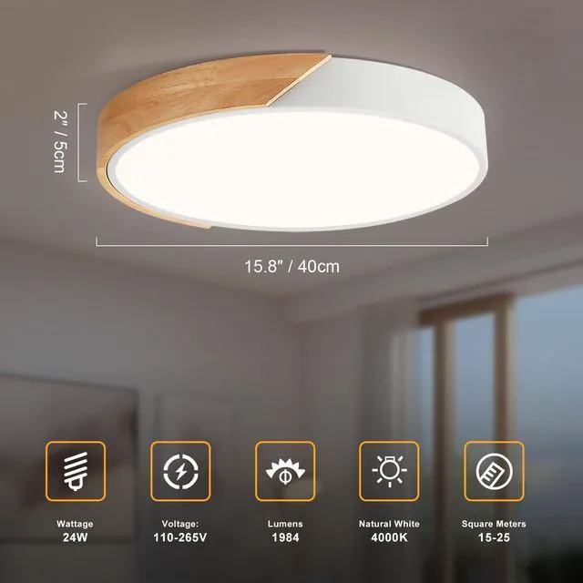 Alt view image 3 of 7 - Modern LED Ceiling Light, Minimalist Wood Flush Mount Ceiling Light Fixture, 4000K Not Dimmable, Circle Lighting Lamp with Acrylic Lampshade for Bedroom Dining Room Laundry (White, 15.8'')