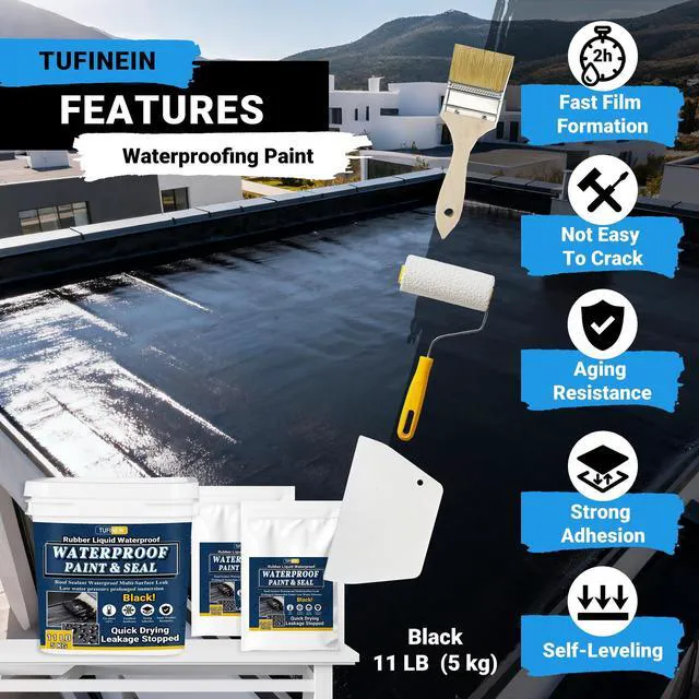 Alt view image 3 of 7 - Rubber Liquid Waterproof Sealant, 11 LB/5 KG Black Quick Drying Multi Surface Foundation Leak Repair - Roof Gutters Basement Sealer Waterproof - Indoor & Outdoor Flexible Rubber Paint