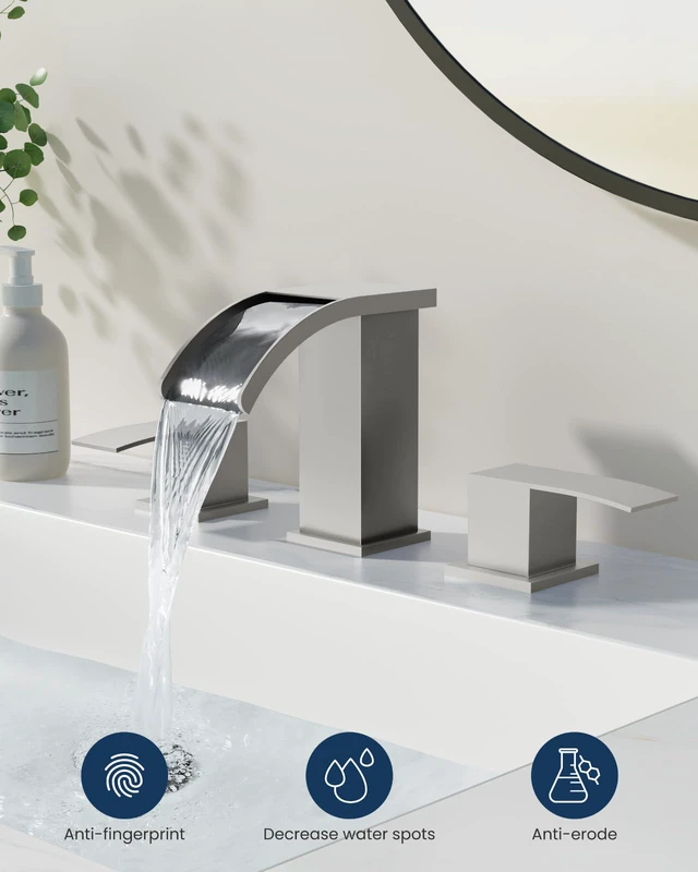 Alt view image 2 of 7 - Waterfall Bathroom Faucet 3 Hole Square Body,Brushed Nickel SUS304 8 Widespread Bathroom Sink Faucet,2.17 Wide Spout,24 cUPC Hose,Pop Up Drain,2 Handle,Vanity,Lavatory,Basin,RV