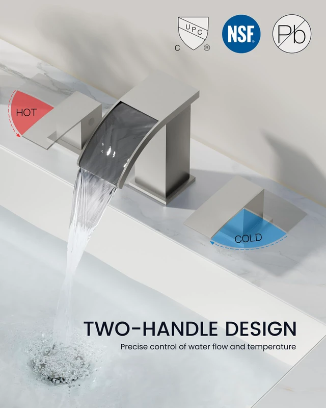 Alt view image 3 of 7 - Waterfall Bathroom Faucet 3 Hole Square Body,Brushed Nickel SUS304 8 Widespread Bathroom Sink Faucet,2.17 Wide Spout,24 cUPC Hose,Pop Up Drain,2 Handle,Vanity,Lavatory,Basin,RV