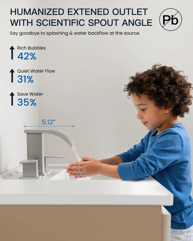 Alt view image 4 of 7 - Waterfall Bathroom Faucet 3 Hole Square Body,Brushed Nickel SUS304 8 Widespread Bathroom Sink Faucet,2.17 Wide Spout,24 cUPC Hose,Pop Up Drain,2 Handle,Vanity,Lavatory,Basin,RV