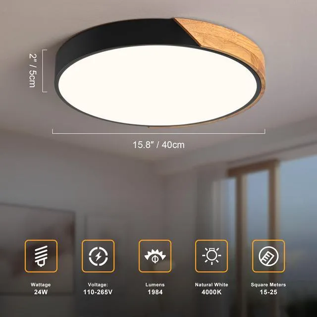 Alt view image 3 of 7 - Modern LED Ceiling Light, Minimalist Wood Flush Mount Ceiling Light Fixture, 4000K Not Dimmable, Circle Lighting Lamp with Acrylic Lampshade for Bedroom Dining Room Laundry (Black,15.8")