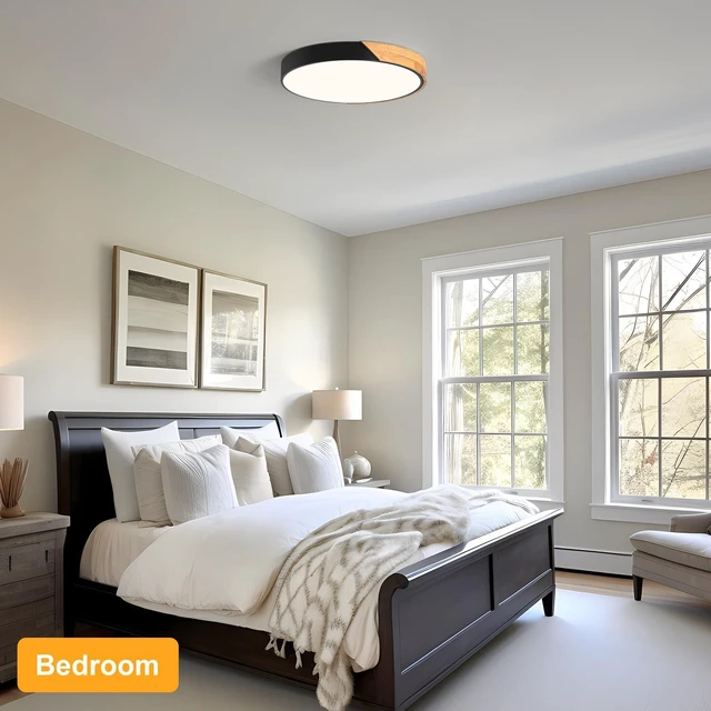 Alt view image 5 of 7 - Modern LED Ceiling Light, Minimalist Wood Flush Mount Ceiling Light Fixture, 4000K Not Dimmable, Circle Lighting Lamp with Acrylic Lampshade for Bedroom Dining Room Laundry (Black,15.8")